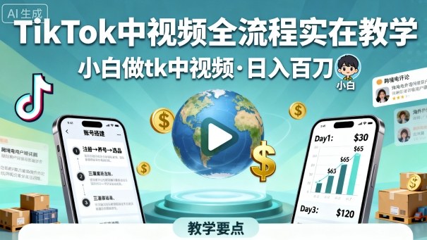 TikTok中视频全流程实操教学，小白做tk中视频，日入百刀-灼光资源宝库