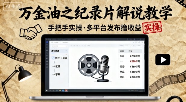 万金油之纪录片解说教学，手把手教你，完全实操，多平台发布撸收益-灼光资源宝库
