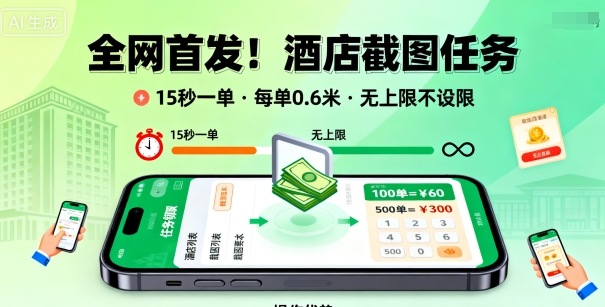 全网首发！酒店截图任务，15秒一单，每单0.6米，任务无上限不设限，矩阵操作单日3张到手【揭秘】-灼光资源宝库