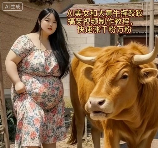 AI美女和大黄牛摔跤搞笑荒诞视频制作教程，快速涨千粉万粉-灼光资源宝库