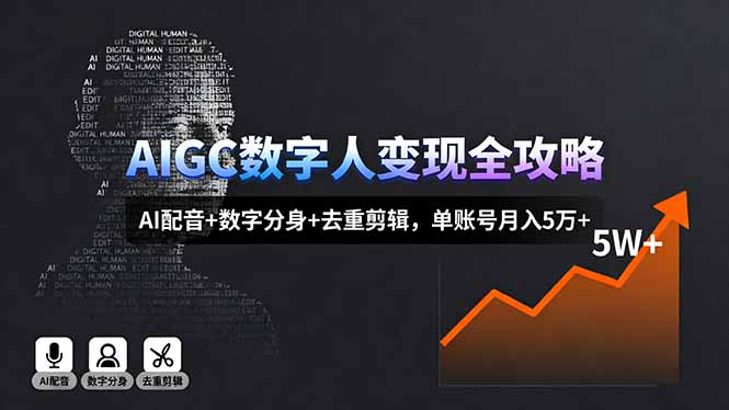 AIGC数字人变现全攻略,AI配音+数字分身+去重剪辑,单账号月入5万+-灼光资源宝库