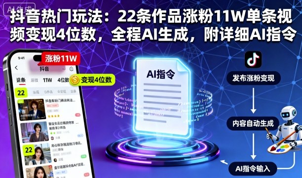 抖音热门玩法：22条作品涨粉11W单条视频变现4位数，全程AI生成，附详细AI指令-灼光资源宝库