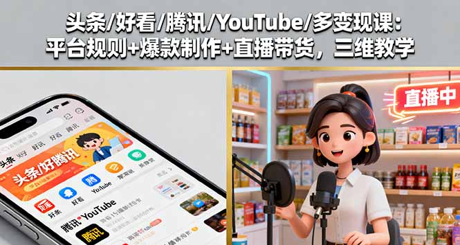 头条/好看/腾讯/YouTube/多变现课：平台规则+爆款制作+直播带货，三维教学-灼光资源宝库