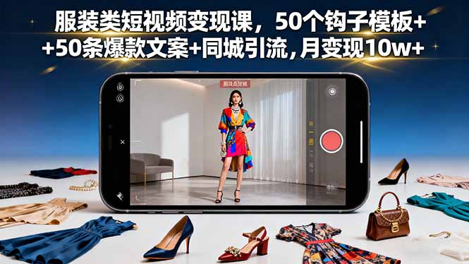 服装类短视频变现课，50个钩子模板+50条爆款文案+同城引流，月变现10w+-灼光资源宝库