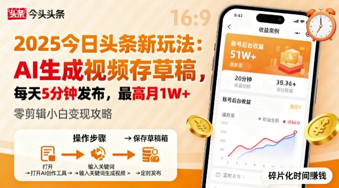 2025年今日头条躺賺新玩法，AI生成视频存草稿，每天5分钟发布，最高月1W+【揭秘】-灼光资源宝库