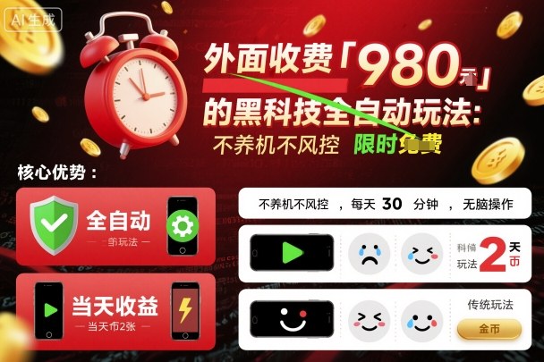 外面收费980的黑科技全自动玩法，不养机不风控，每天30分钟，无脑操作，当天收益2张【揭秘】-灼光资源宝库