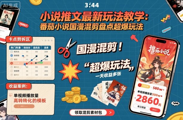 小说推文最新玩法教学,番茄小说国漫混剪盘点超爆玩法,全程干货,一天收益多张-灼光资源宝库