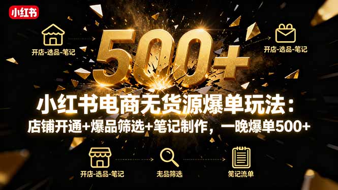 小红书电商无货源爆单玩法：店铺开通+爆品筛选+笔记制作，一晚爆单500+-灼光资源宝库