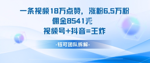 一条视频18W点赞，涨粉6.5W粉佣金8541米，视频号+抖音=王炸-灼光资源宝库
