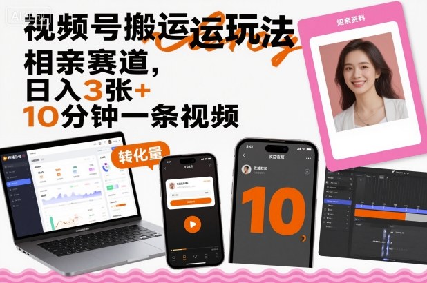 视频号搬运玩法，相亲赛道，日入3张+，10分钟一条视频-灼光资源宝库