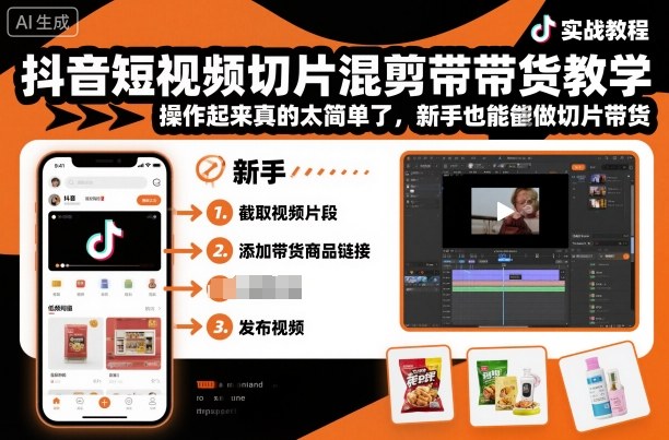抖音短视频切片混剪带货教学，操作起来真的太简单了，新手也能做切片带货-灼光资源宝库