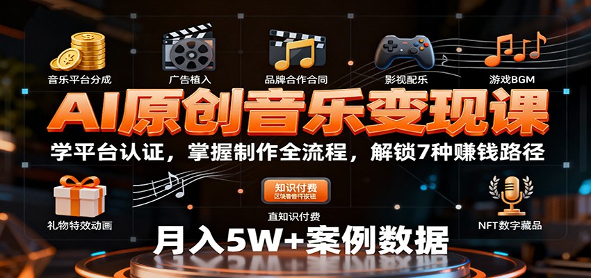 AI原创音乐变现课：学平台认证，掌握制作全流程，解锁7种赚钱路径-灼光资源宝库