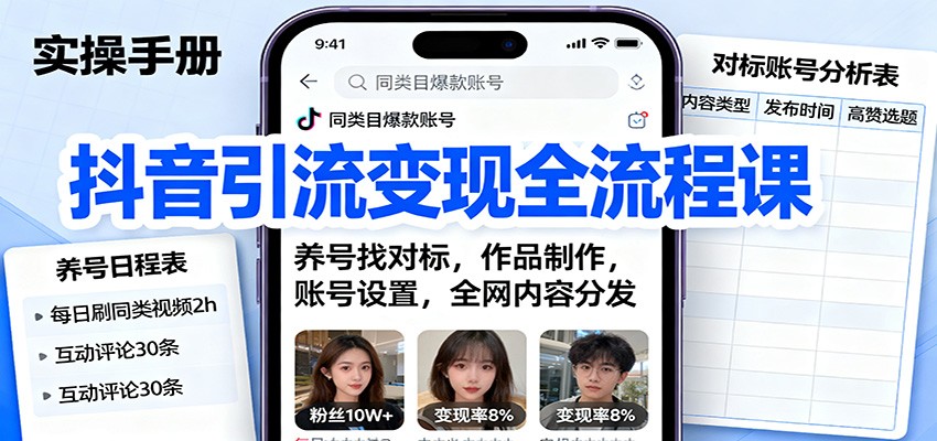 抖音引流变现全流程课:养号找对标,作品制作,账号设置,全网内容分发-灼光资源宝库