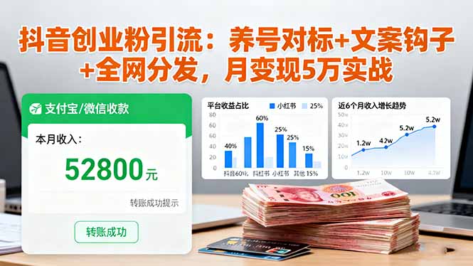 抖音创业粉引流：养号对标+文案钩子+全网分发，月变现5万实战-灼光资源宝库