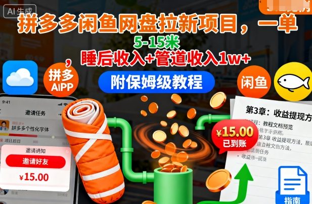 拼多多闲鱼网盘拉新项目，一单5-15米，睡后收入+管道收入1w+(附保姆级教程)-灼光资源宝库
