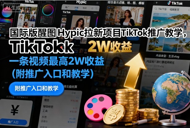 国际版醒图Hypic拉新项目TikTok推广教学，一条视频最高2W收益(附推广入口和教学)-灼光资源宝库