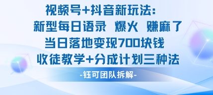 视频号加抖音新玩法：爆火新型每日语录，收徒教学加分成计划，三种变现玩法，当日变现7张-灼光资源宝库