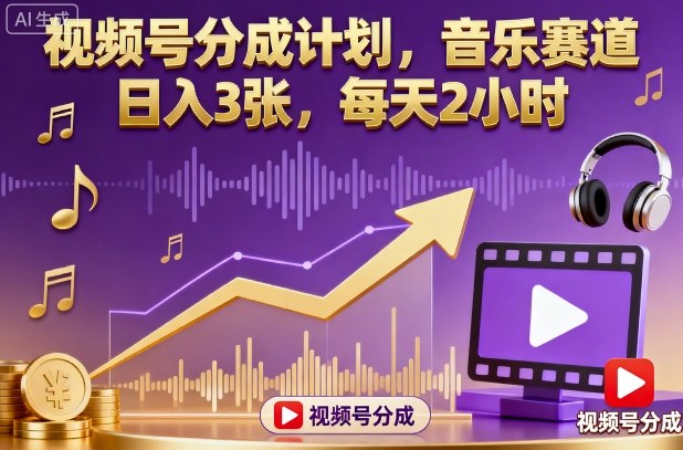 视频号分成计划，音乐赛道，日入3张，每天2小时-灼光资源宝库