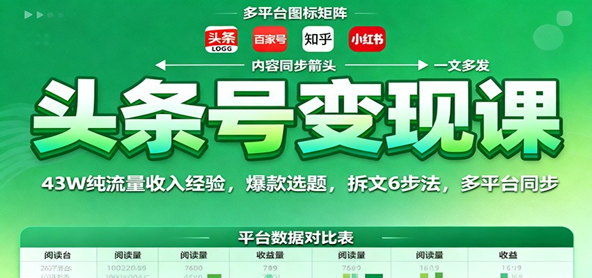 头条号变现课:43W纯流量收入经验,爆款选题,拆文6步法,多平台同步-灼光资源宝库