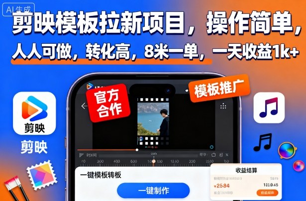 剪映模板拉新项目，操作简单，人人可做，转化高，8米一单，一天收益1k+-灼光资源宝库