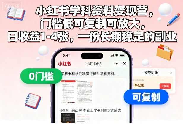 小红书学科资料变现营,门槛低可复制可放大,日收益1-4张,一份长期稳定的副业-灼光资源宝库