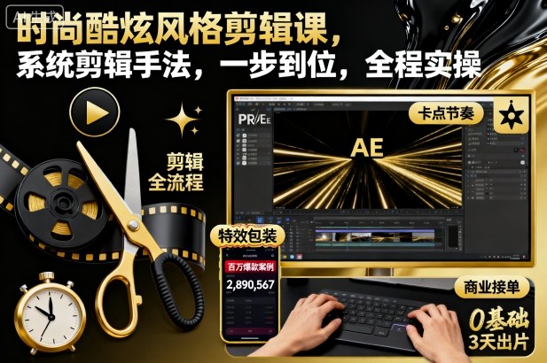 时尚酷炫风格剪辑课，系统剪辑手法，一步到位，全程实操-灼光资源宝库