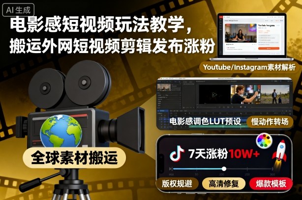 电影感短视频玩法教学，搬运外网短视频剪辑发布涨粉-灼光资源宝库