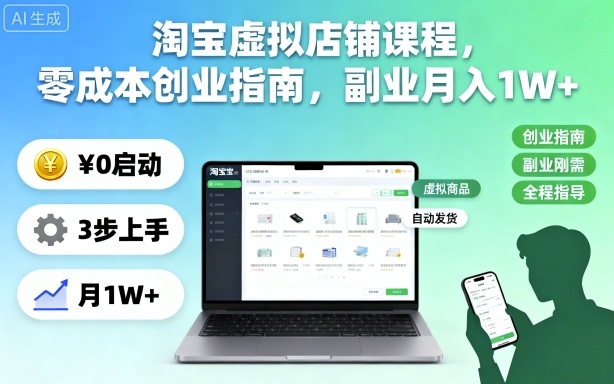 淘宝虚拟店铺课程，零成本创业指南，副业月入1W+-灼光资源宝库