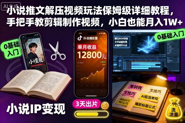小说推文解压视频玩法保姆级详细教程，手把手教剪辑制作视频，小白也能月入1W+-灼光资源宝库