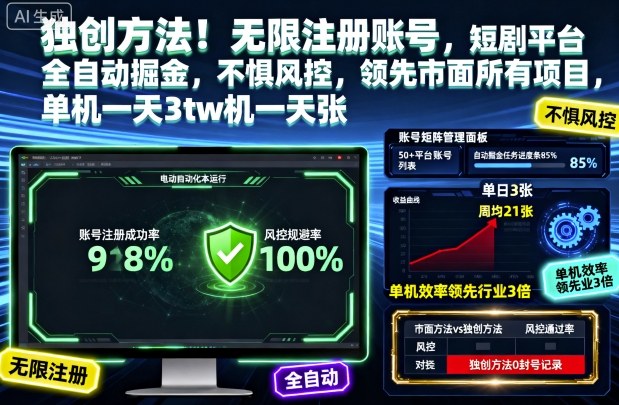 独创方法！无限注册账号，短剧平台全自动掘金，不惧风控，领先市面所有项目，单机一天3张【揭秘】-灼光资源宝库