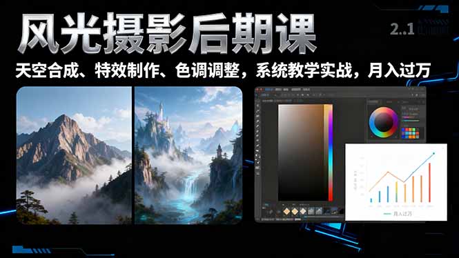 风光摄影后期课,一键换天空合成、特效制作、色调调整,月入过万-灼光资源宝库