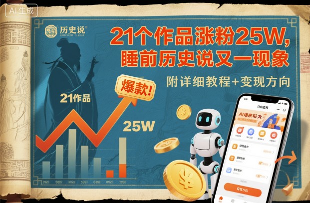 21个作品涨粉25W，睡前历史说又一现象级AI内容大爆款来啦，附详细教程+变现方向-灼光资源宝库