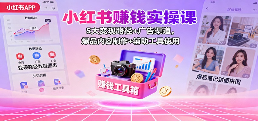小红书赚钱实操课：5大变现路径+广告渠道，爆品内容制作+辅助工具使用-灼光资源宝库