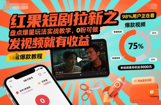 红果短剧拉新之盘点爆量玩法实战教学，0粉可做，发视频就有收益-灼光资源宝库