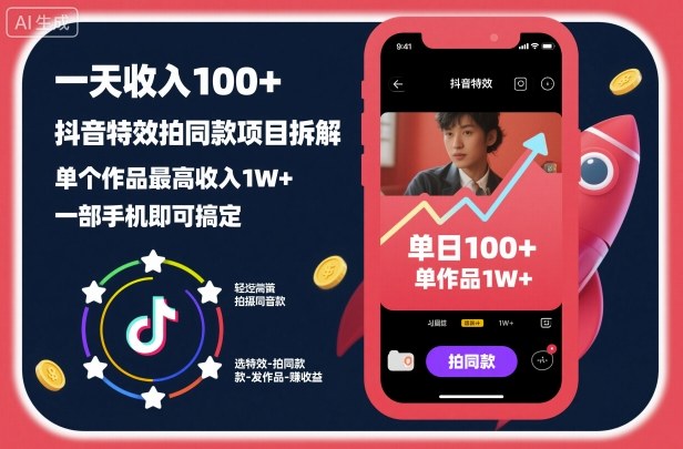 一天收入100+，抖音特效拍同款项目拆解，单个作品最高收入1W+，一部手机即可搞定-灼光资源宝库