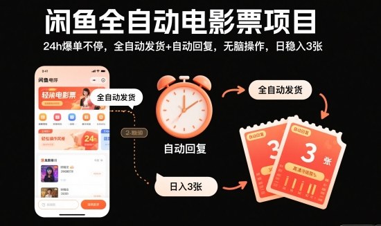 闲鱼全自动电影票项目，24h爆单不停，全自动发货+自动回复，无脑操作，日稳入3张【揭秘】-灼光资源宝库
