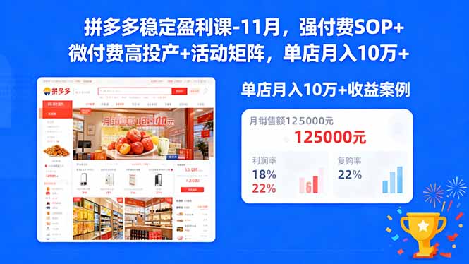 拼多多稳定盈利课-11月,强付费SOP+微付费高投产+活动矩阵,单店月入10w+-灼光资源宝库