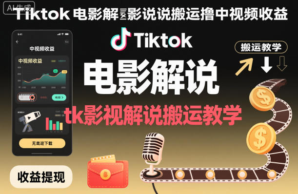 Tiktok电影解说搬运撸中视频收益，tk影视解说搬运教学-灼光资源宝库
