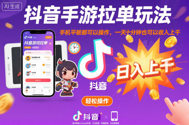 抖音手游拉单玩法,手机平板都可以操作,一天十分钟也可以收入上K【揭秘】-蘑菇资源宝库