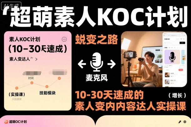 超萌素人KOC计划，10-30天速成的素人变内容达人实操课，适合想做短剧小说推文电商推广的素人入局-灼光资源宝库