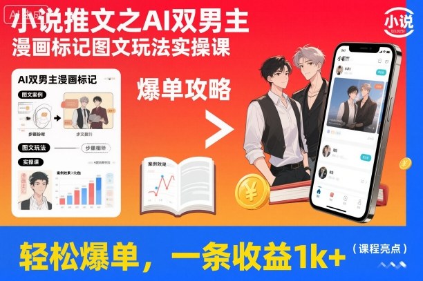 小说推文之AI双男主漫画标记图文玩法实操课，轻松爆单，一条收益1k+-灼光资源宝库