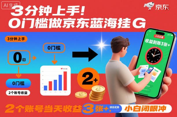 3分钟上手！0门槛做京东蓝海全自动掘金，2个账号当天收益3张+，小白闭眼冲【揭秘】-灼光资源宝库