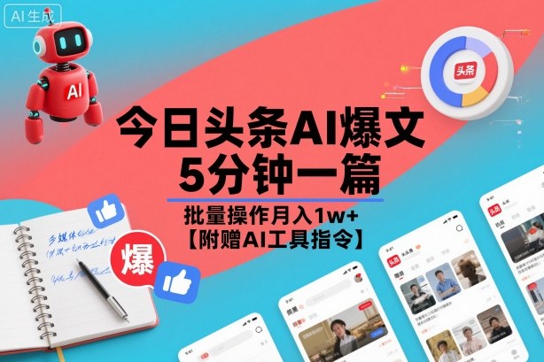 今日头条AI爆文，5分钟一篇，批量操作月入1w+【附赠AI工具指令】-灼光资源宝库
