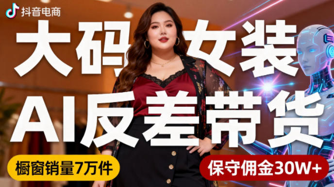 抖音小众赛道，大码女装AI反差带货，不用直播，每天6条作品，橱窗卖7万件，保守佣金30W+-灼光资源宝库
