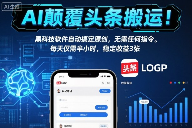 AI颠覆头条搬运!黑科技软件自动搞定原创,无需任何指令。每天仅需半小时,稳定收益3张【揭秘】-灼光资源宝库