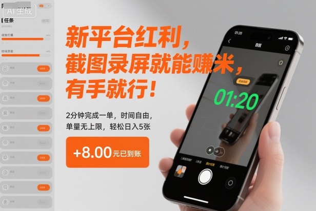 新平台红利,截图录屏就能賺米,有手就行!2分钟完成一单,时间自由,单量无上限,轻松日入5张【揭秘】-灼光资源宝库