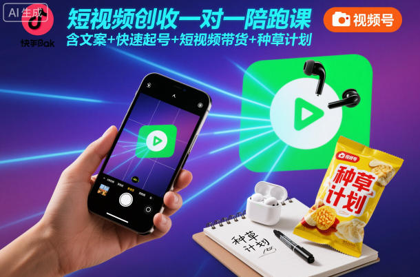 短视频创收一对一陪跑课，含文案+快速起号+短视频带货+种草计划-灼光资源宝库