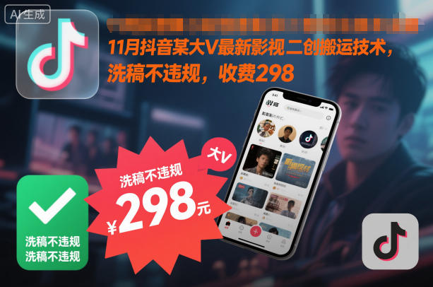 11月抖音某大V最新影视二创搬运技术，洗稿不违规，收费298-灼光资源宝库