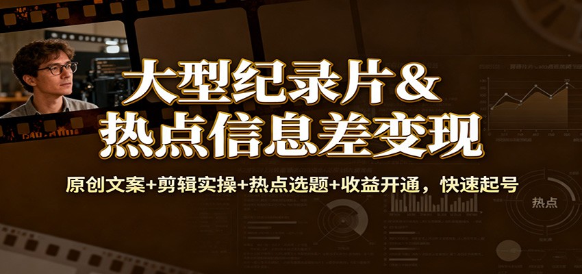 大型纪录片&热点信息差变现：原创文案+剪辑实操+热点选题+收益开通，快速起号-灼光资源宝库