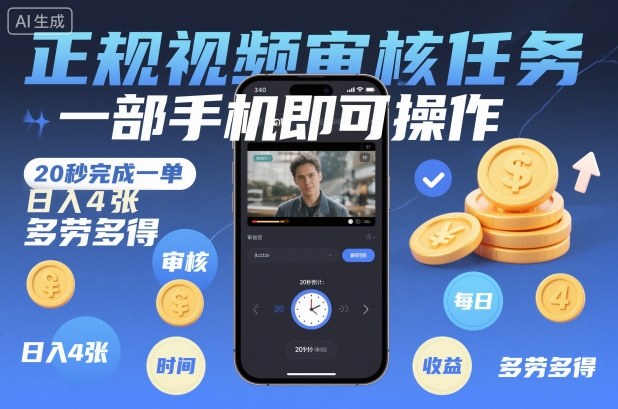 正规视频审核任务，一部手机即可操作，20秒完成一单，日入4张，多劳多得【揭秘】-灼光资源宝库